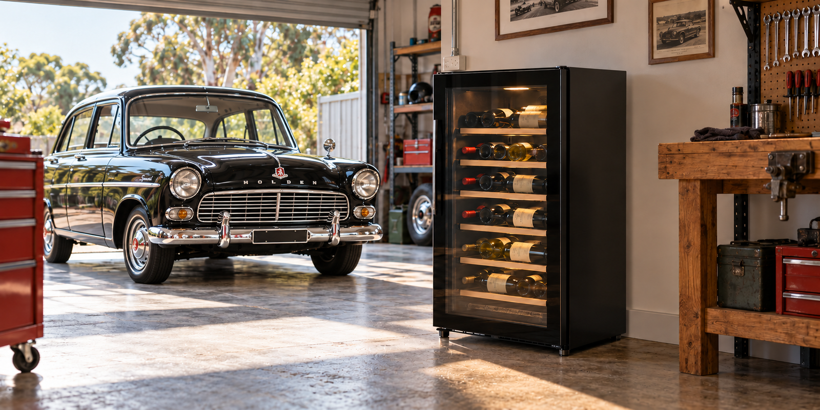 AI-generated illustration of a generic glass-door wine fridge in a garage with a black classic Holden in the background.